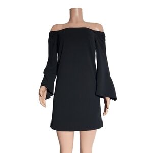 Tibi Off Shoulder Tie Sleeve Crepe Shift Dress Black Loose Fit Size: 0